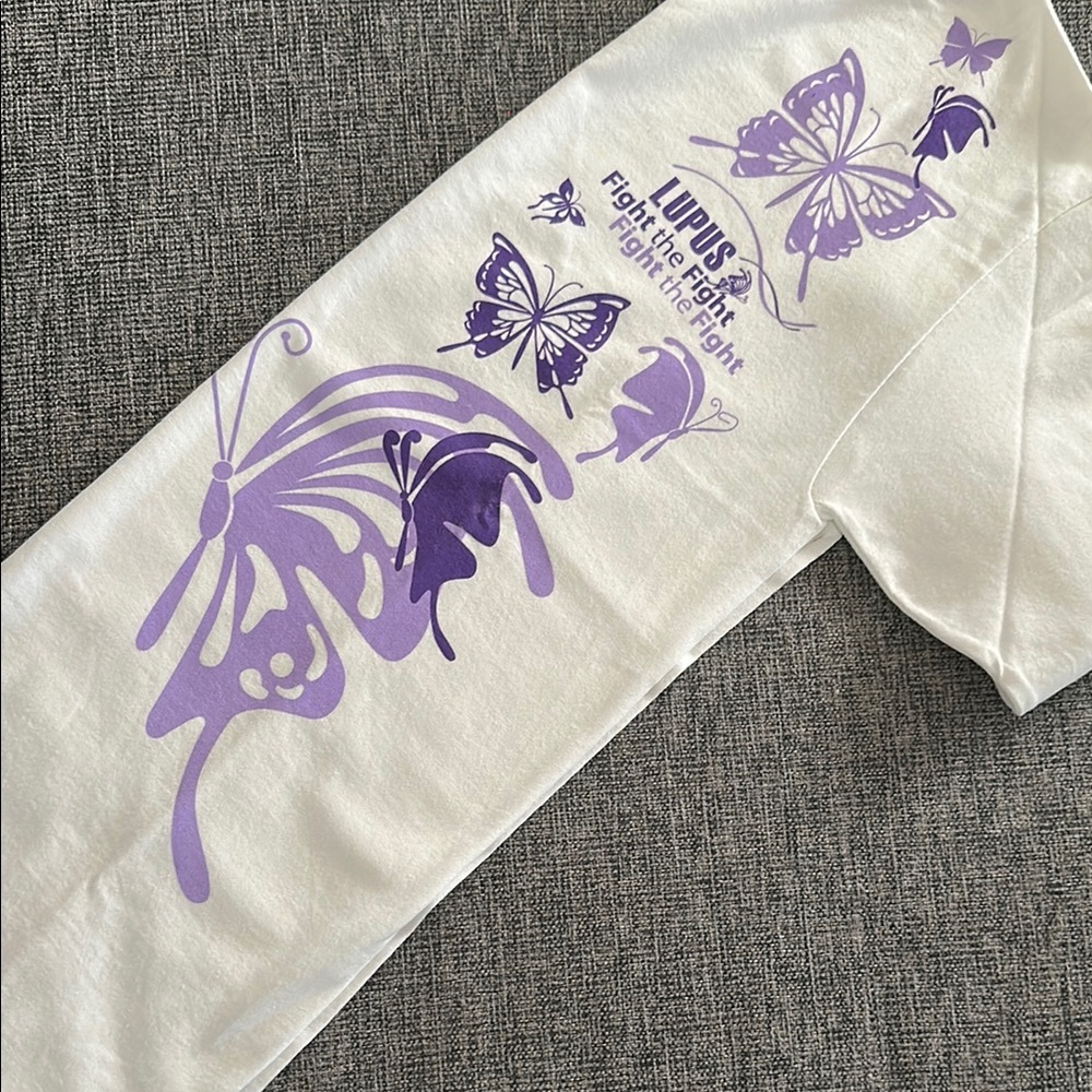 Gildan White and Purple Tee with Butterfly Print